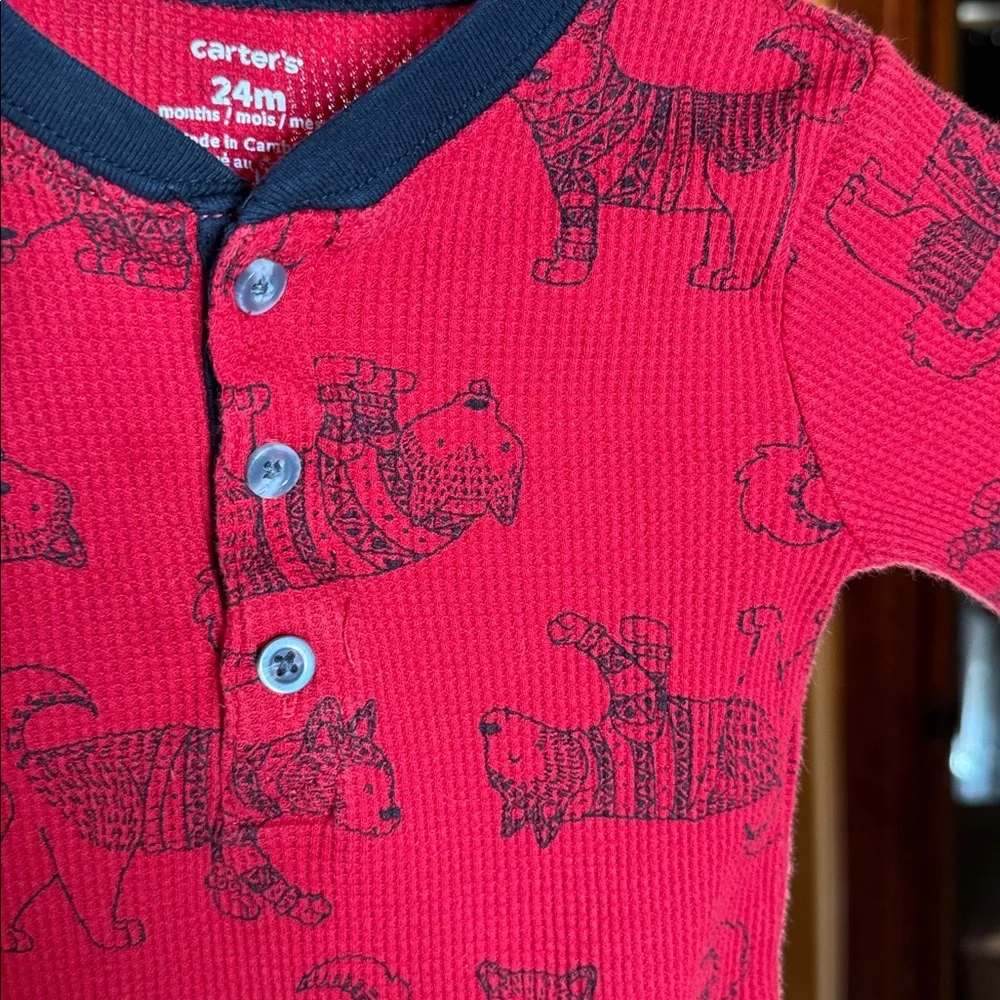 Carter’s Red Thermal Henley Bodysuit & Blue Animal Jogger Pants Set | 24 Months